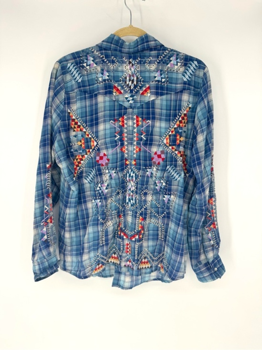 Johnny Was Blue Plaid Embroidered Western Button-Down Shirt